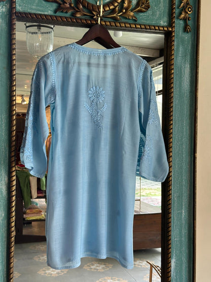 Powder Blue Chanderi Mukaish Kamdani Short Kurti