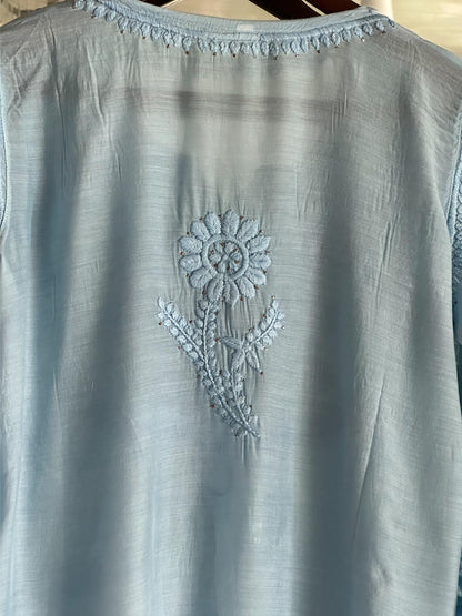 Powder Blue Chanderi Mukaish Kamdani Short Kurti