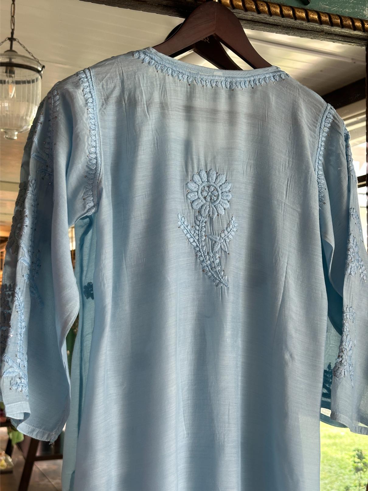 Powder Blue Chanderi Mukaish Kamdani Short Kurti