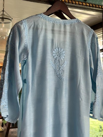 Powder Blue Chanderi Mukaish Kamdani Short Kurti