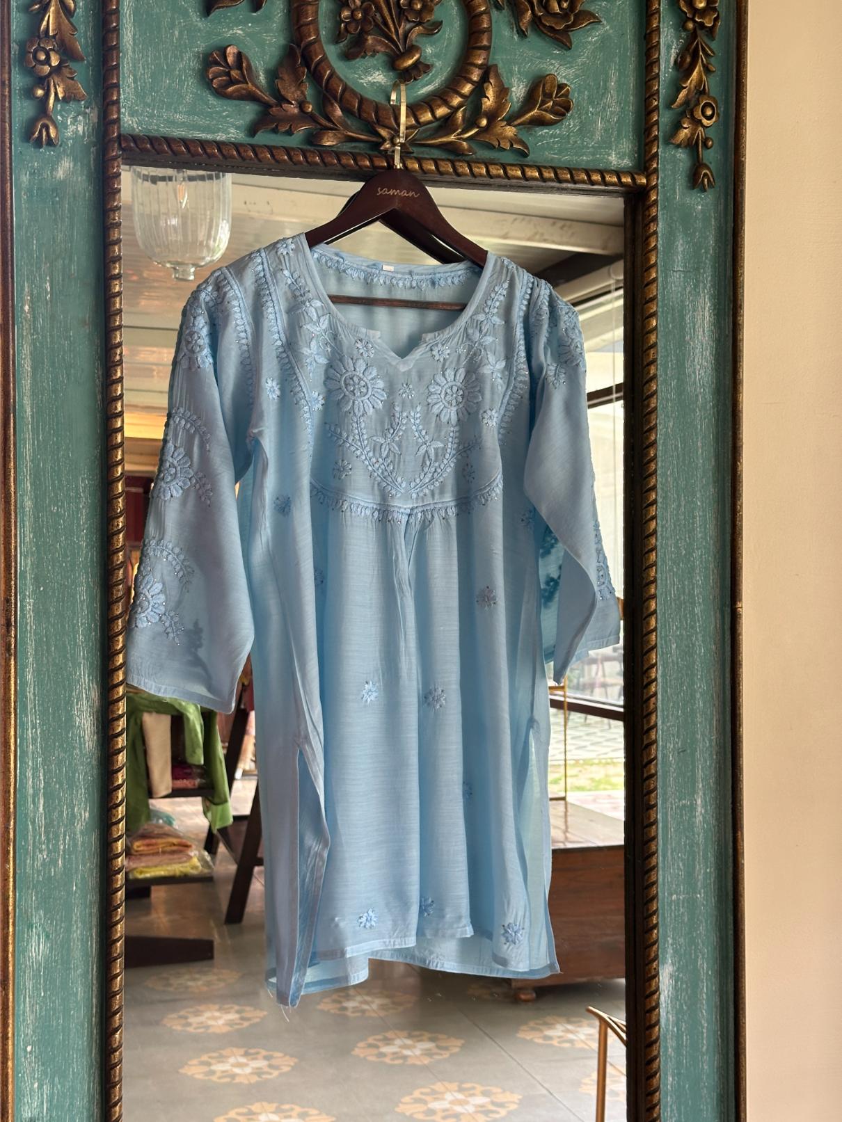 Powder Blue Chanderi Mukaish Kamdani Short Kurti