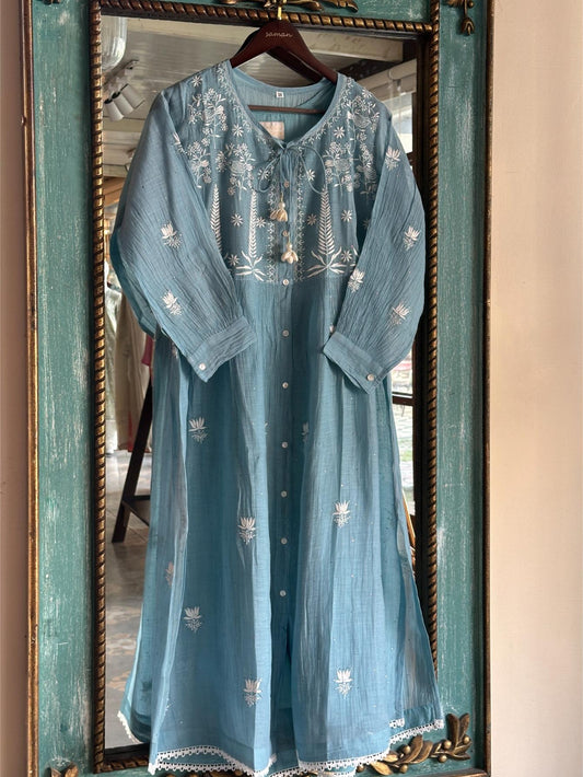 Powder Blue Chikankari Embroidered Kurta with Front Buttons & Tassel Detail