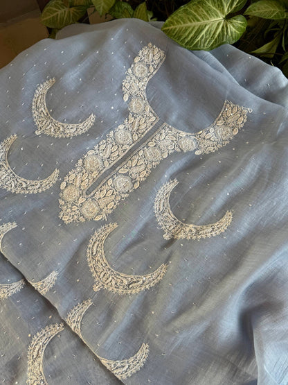 Powder Blue Crescent Chandbala Chikankari Unstitched Fabric