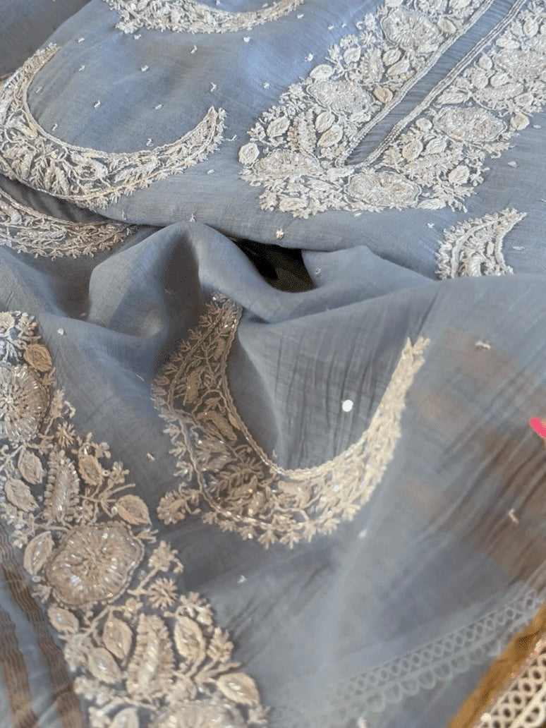 Powder Blue Crescent Chandbala Chikankari Unstitched Fabric
