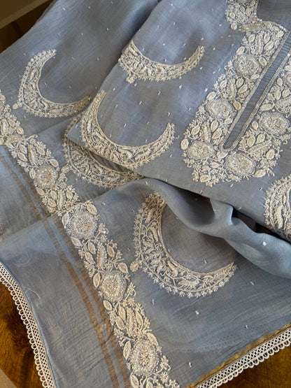 Powder Blue Crescent Chandbala Chikankari Unstitched Fabric