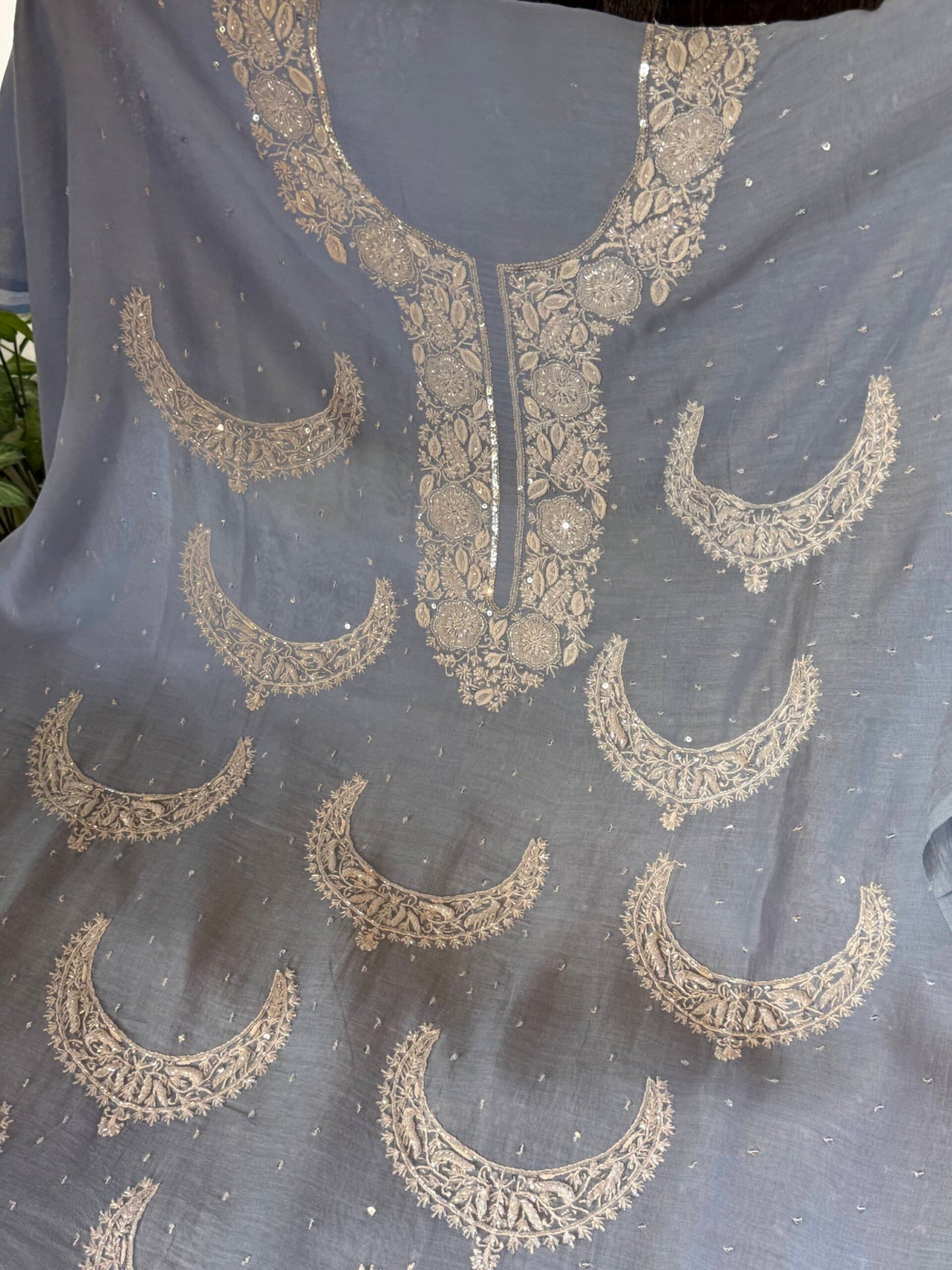 Powder Blue Crescent Chandbala Chikankari Unstitched Fabric
