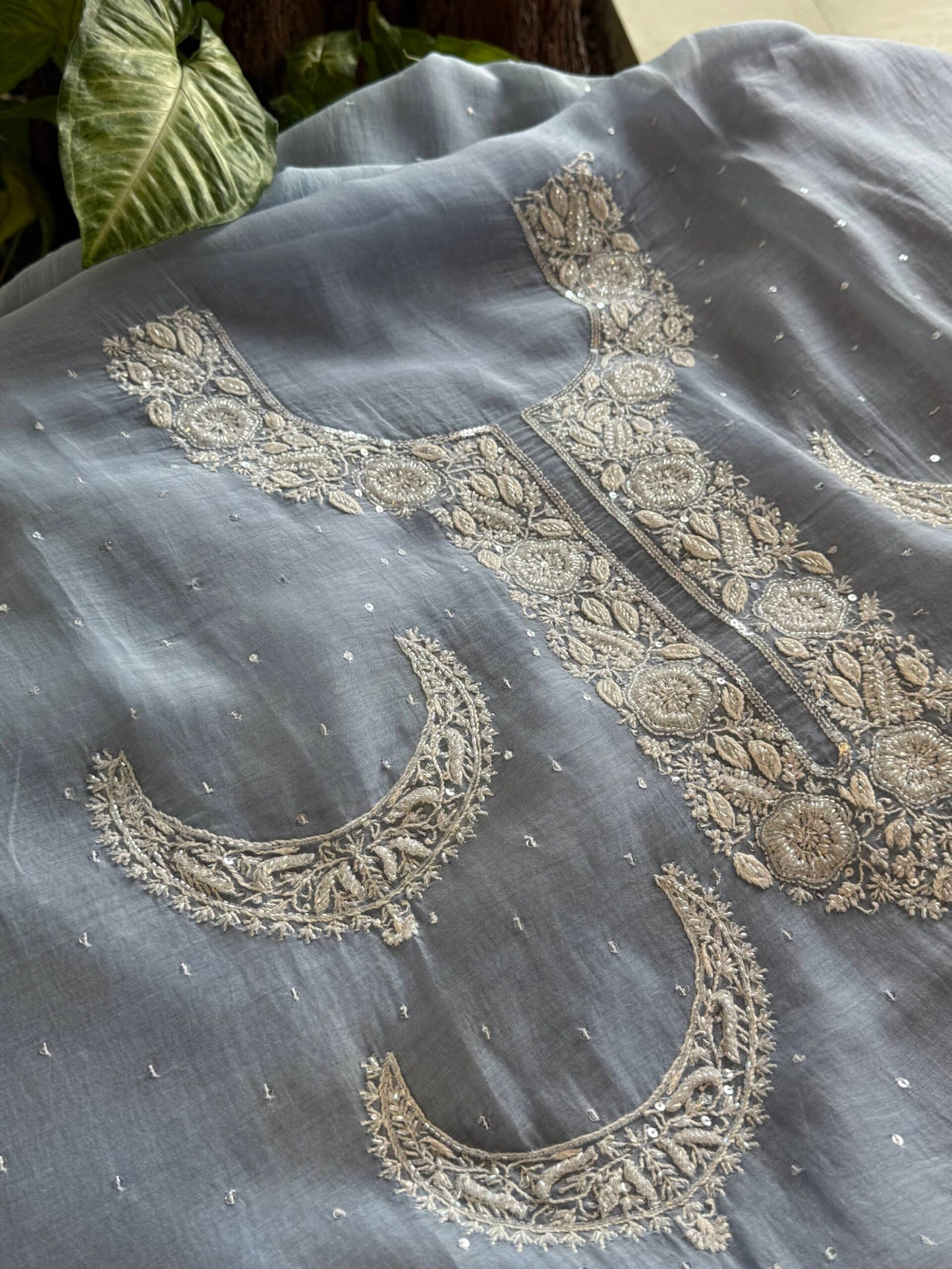 Powder Blue Crescent Chandbala Chikankari Unstitched Fabric