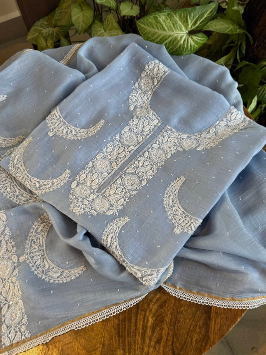 Powder Blue Crescent Chandbala Chikankari Unstitched Fabric