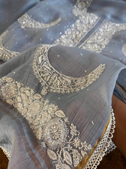 Powder Blue Crescent Chandbala Chikankari Unstitched Fabric