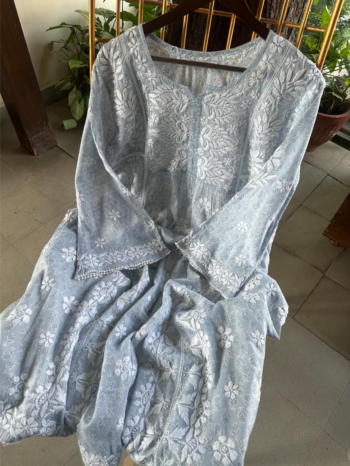 Powder Blue Floral Print Cotton Chikankari Long Kurta