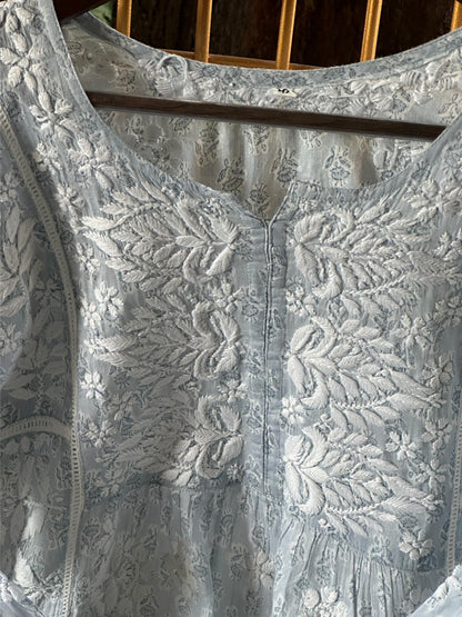 Powder Blue Floral Print Cotton Chikankari Long Kurta