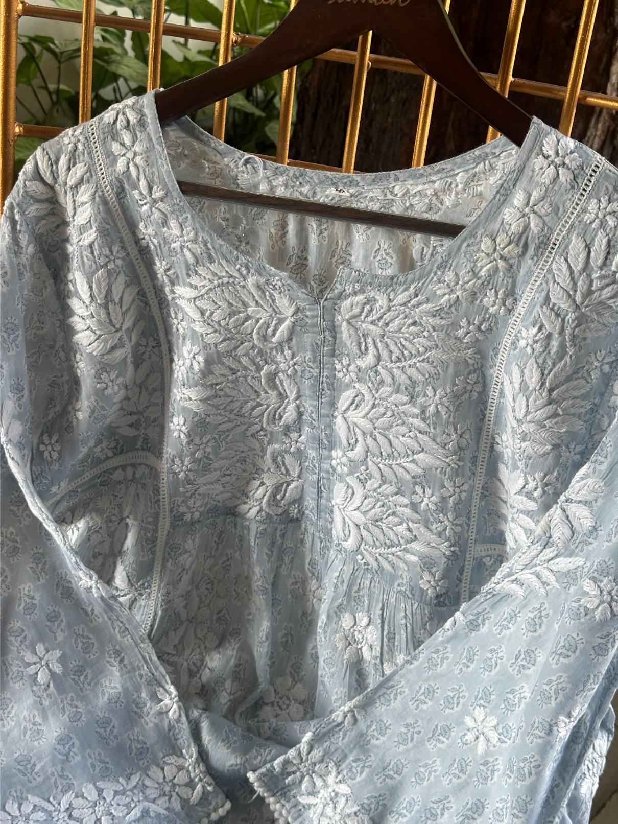 Powder Blue Floral Print Cotton Chikankari Long Kurta