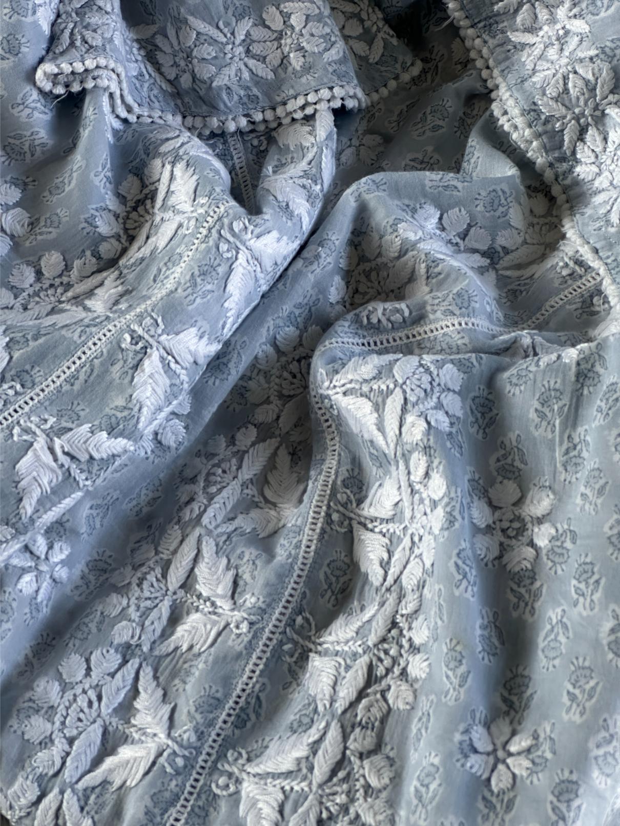 Powder Blue Floral Print Cotton Chikankari Long Kurta