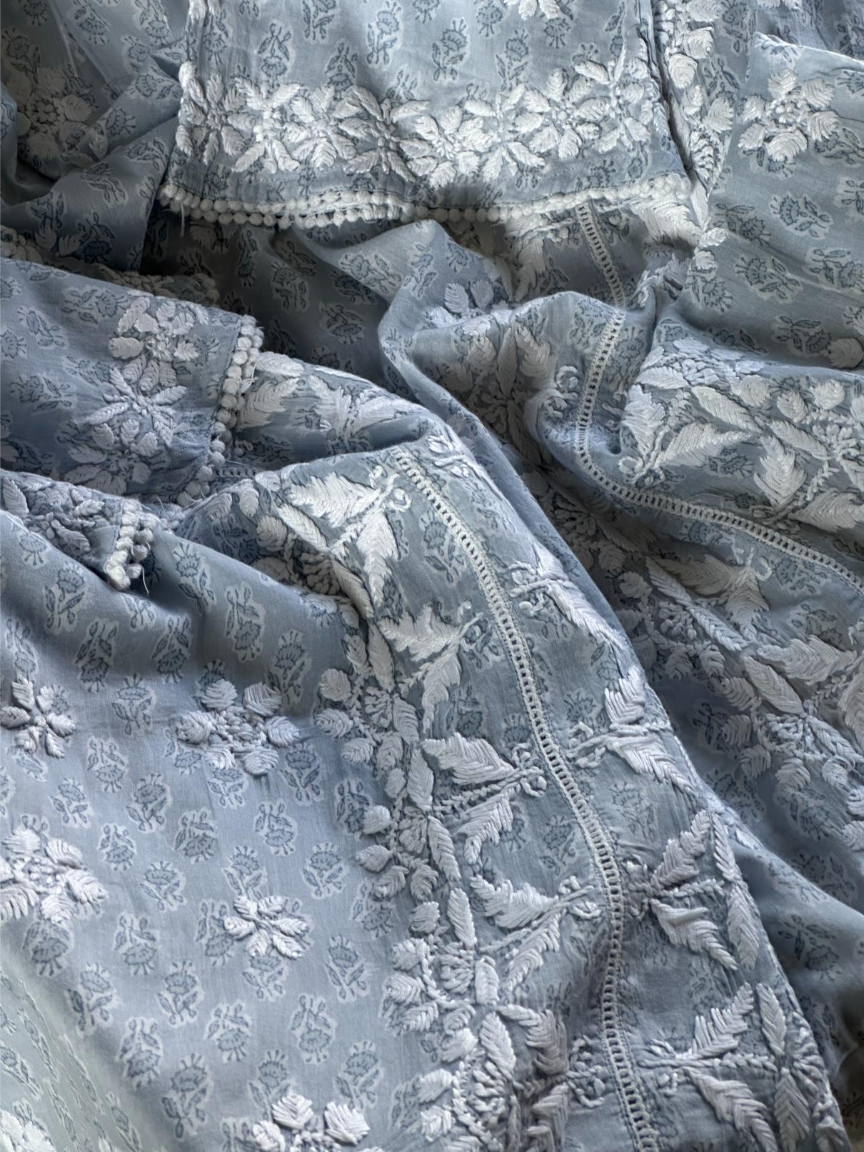 Powder Blue Floral Print Cotton Chikankari Long Kurta