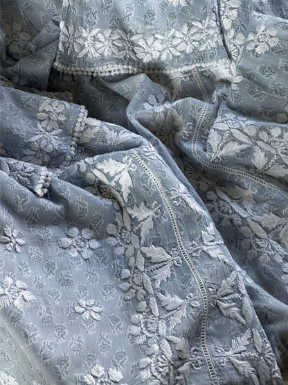 Powder Blue Floral Print Cotton Chikankari Long Kurta