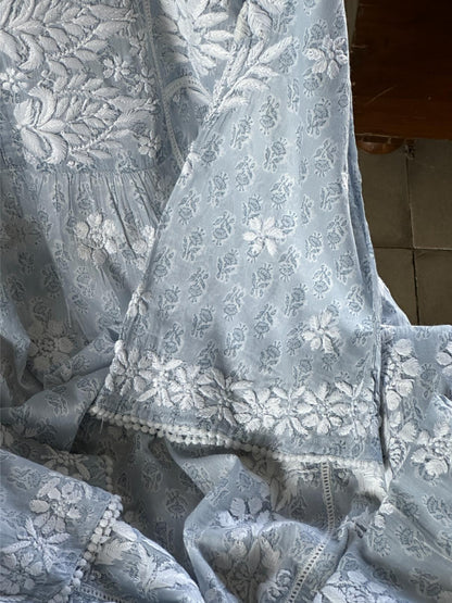 Powder Blue Floral Print Cotton Chikankari Long Kurta