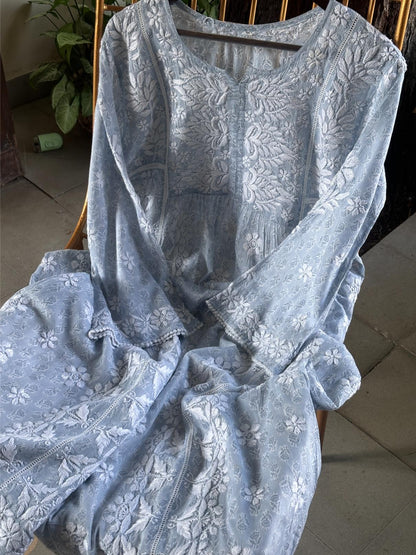 Powder Blue Floral Print Cotton Chikankari Long Kurta
