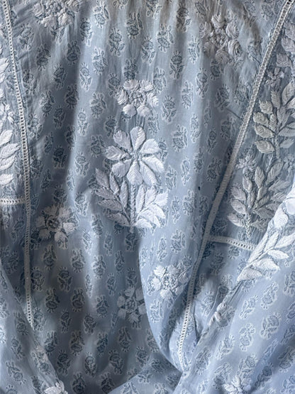 Powder Blue Floral Print Cotton Chikankari Long Kurta