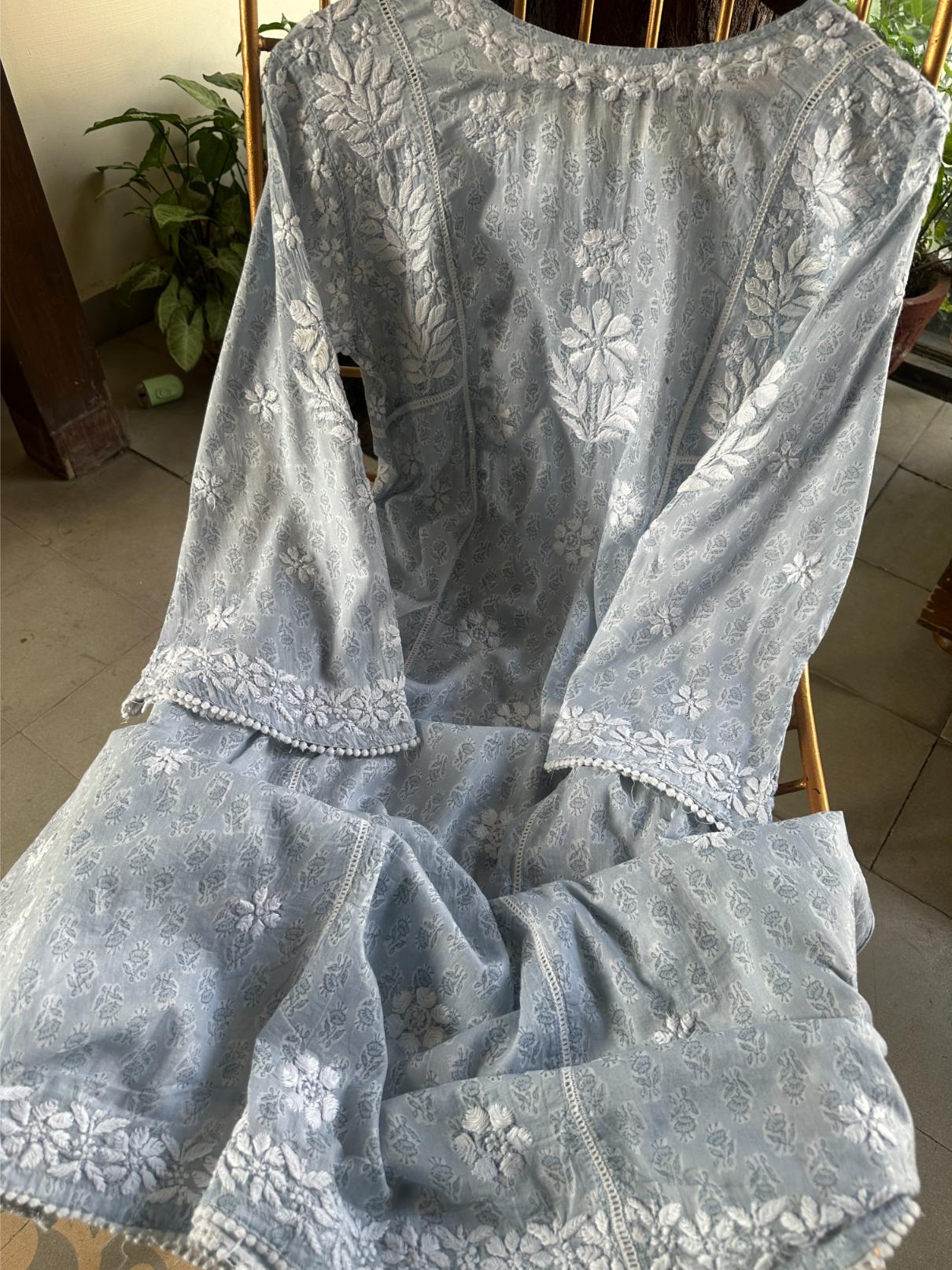 Powder Blue Floral Print Cotton Chikankari Long Kurta