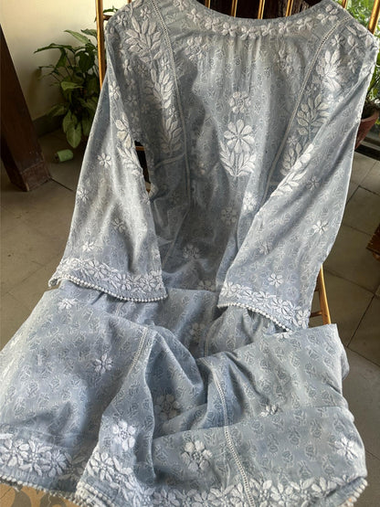 Powder Blue Floral Print Cotton Chikankari Long Kurta