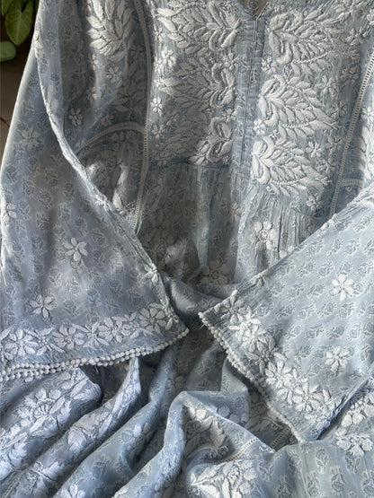 Powder Blue Floral Print Cotton Chikankari Long Kurta