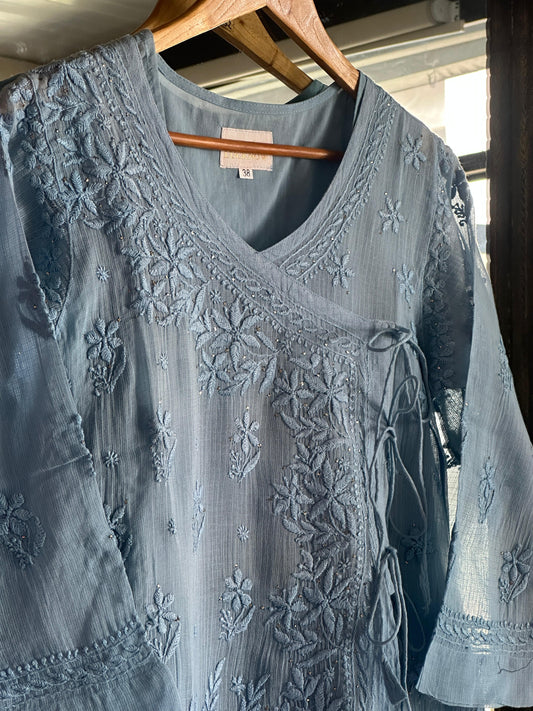 Powder Blue Kota Chikankari Embroidered Short Angarkha Style Top