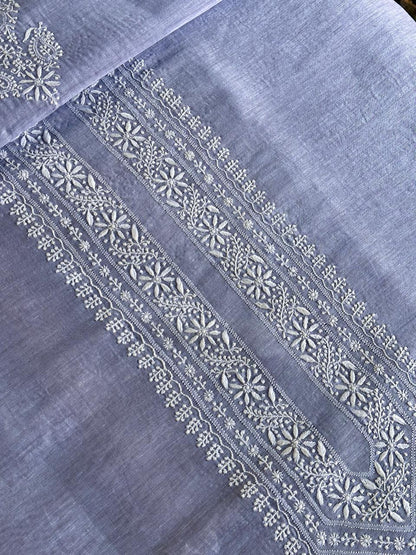Powder Blue Linen Chikankari Unstitched Men's Kurtas Fabric