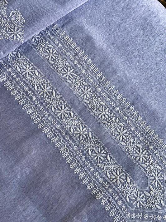 Powder Blue Linen Chikankari Unstitched Men's Kurtas Fabric