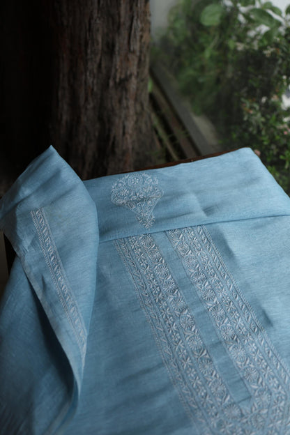 Powder Blue Linen Chikankari Unstitched Men's Kurtas Fabric