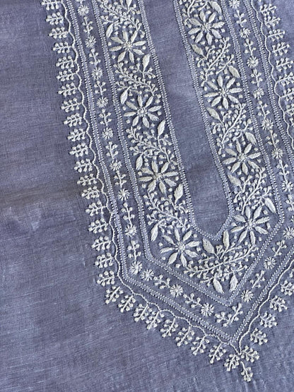 Powder Blue Linen Chikankari Unstitched Men's Kurtas Fabric