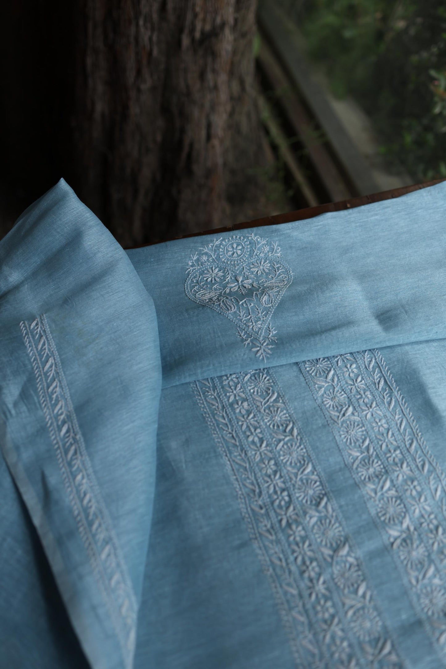 Powder Blue Linen Chikankari Unstitched Men's Kurtas Fabric