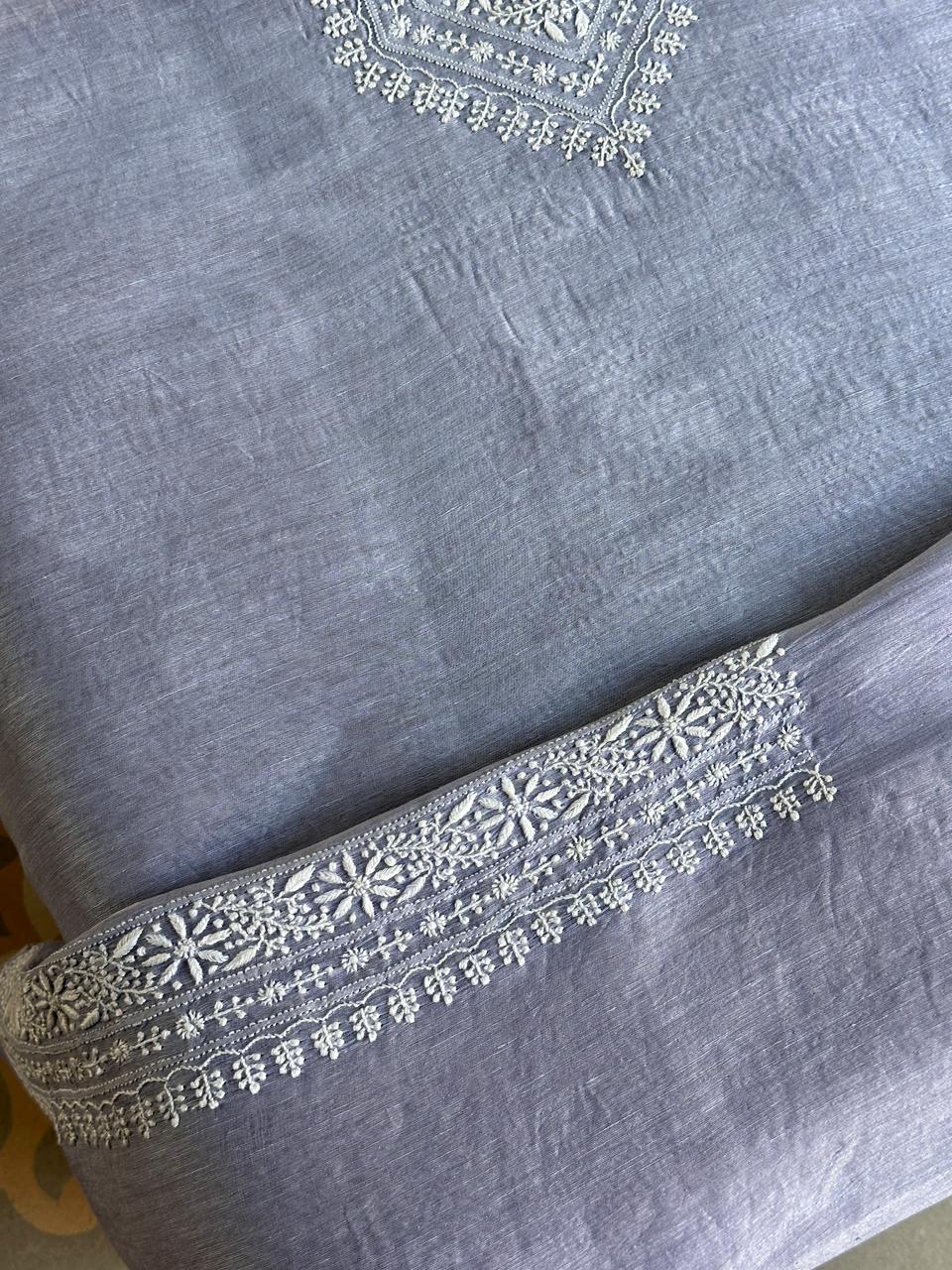Powder Blue Linen Chikankari Unstitched Men's Kurtas Fabric