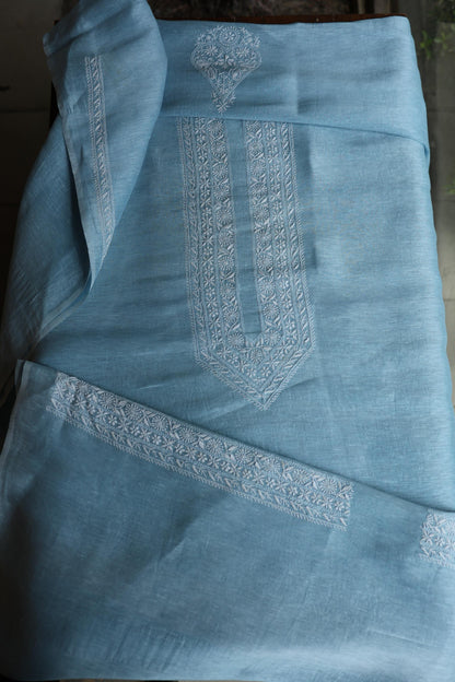 Powder Blue Linen Chikankari Unstitched Men's Kurtas Fabric