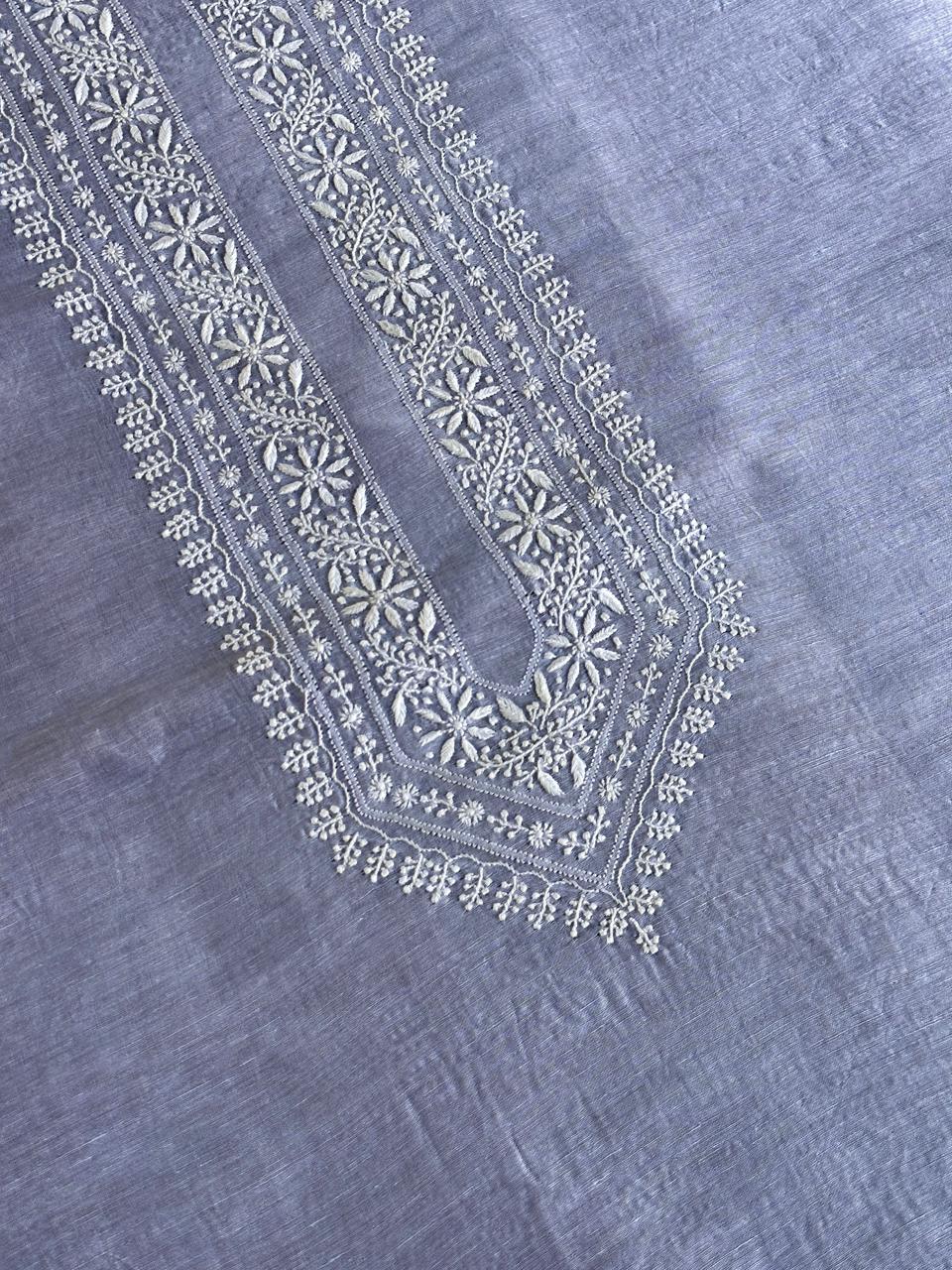 Powder Blue Linen Chikankari Unstitched Men's Kurtas Fabric