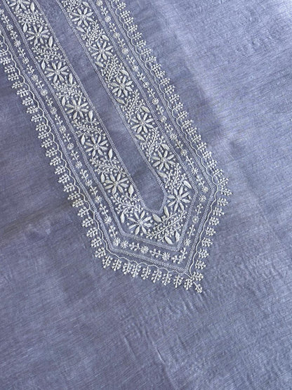 Powder Blue Linen Chikankari Unstitched Men's Kurtas Fabric
