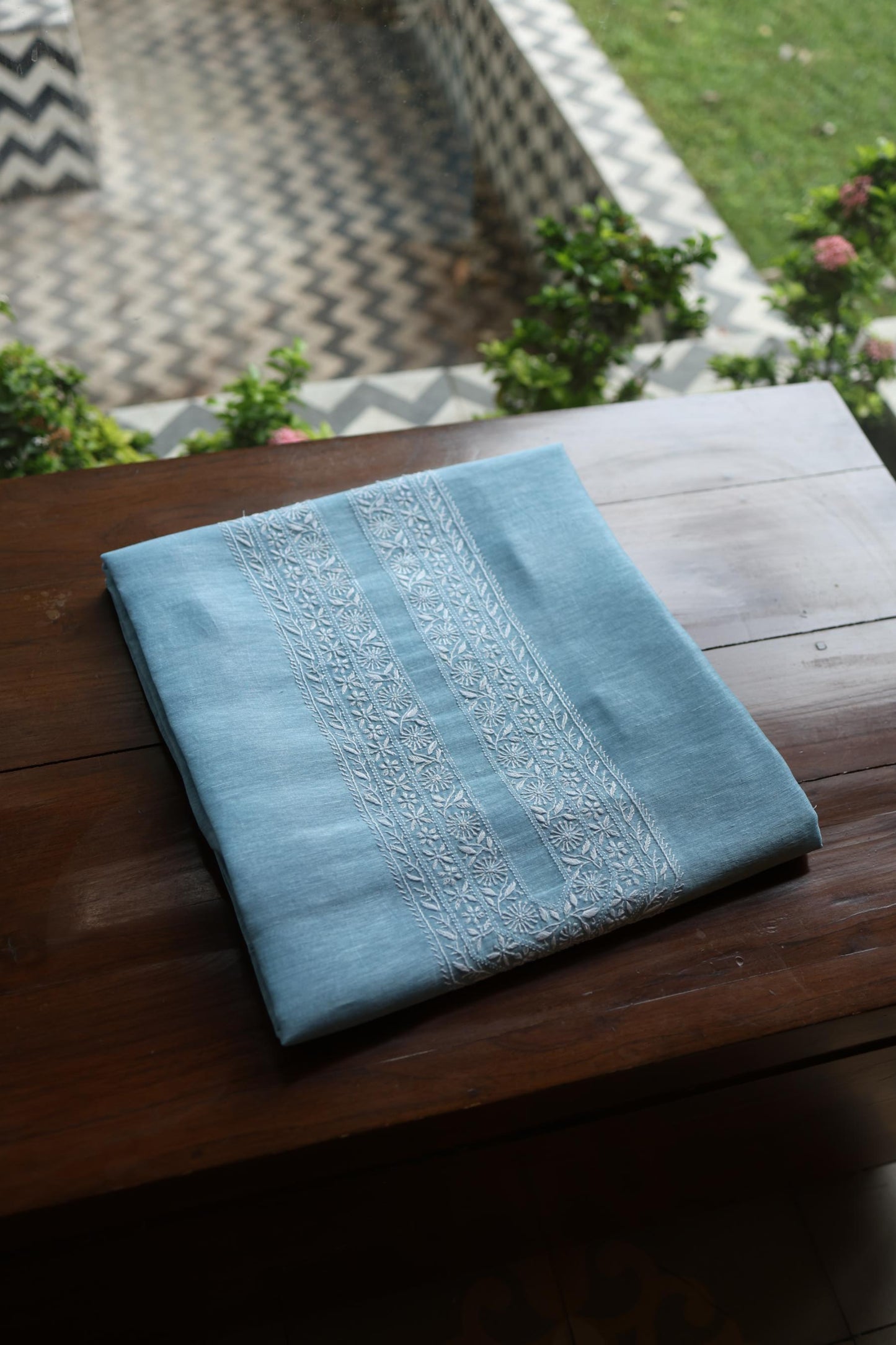 Powder Blue Linen Chikankari Unstitched Men's Kurtas Fabric
