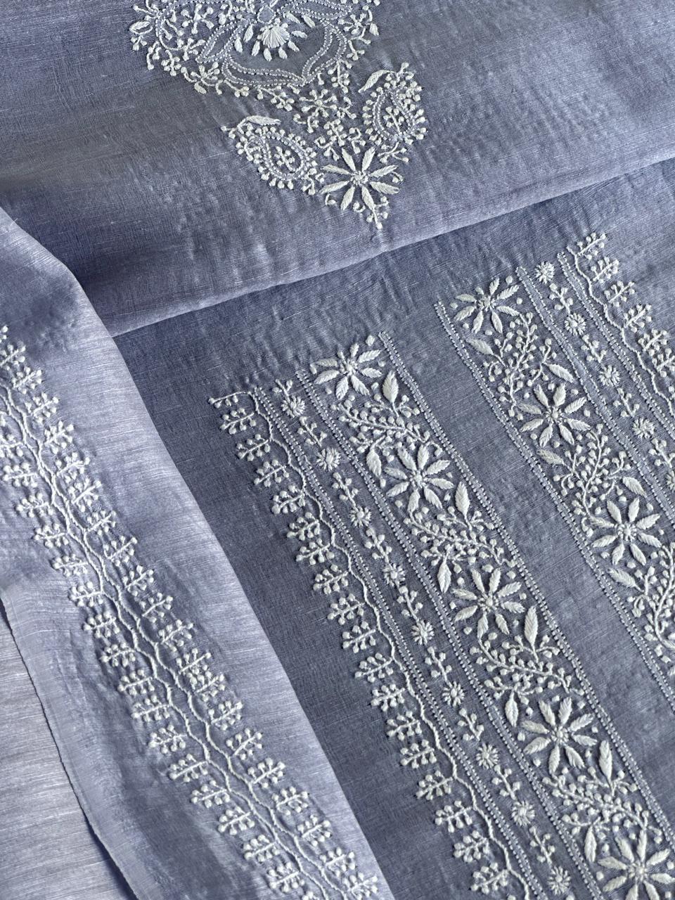 Powder Blue Linen Chikankari Unstitched Men's Kurtas Fabric