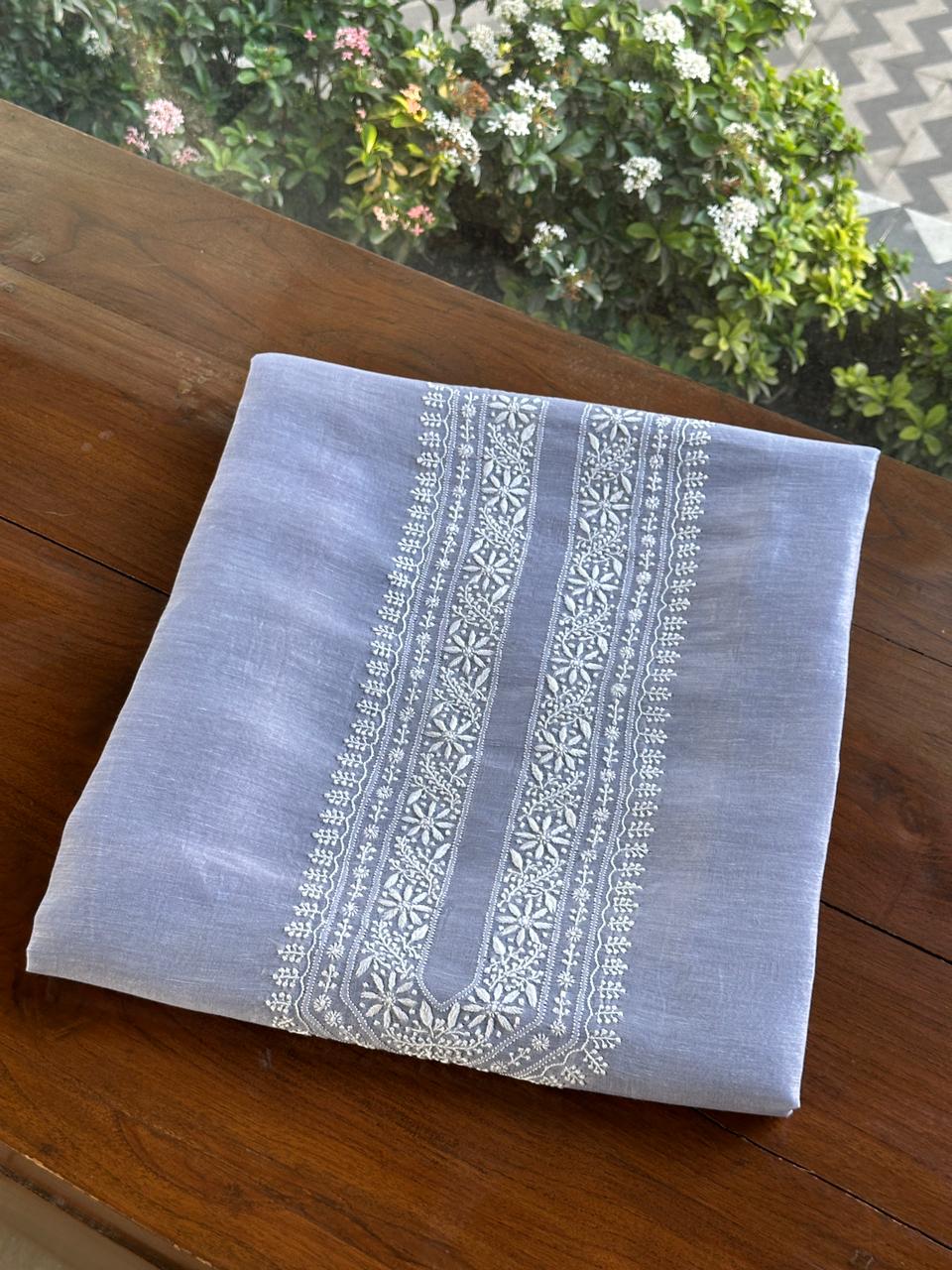 Powder Blue Linen Chikankari Unstitched Men's Kurtas Fabric