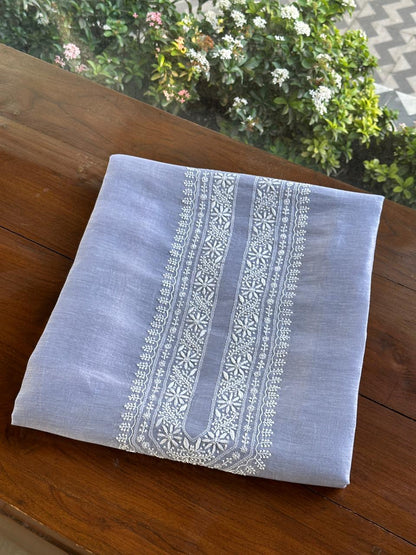 Powder Blue Linen Chikankari Unstitched Men's Kurtas Fabric