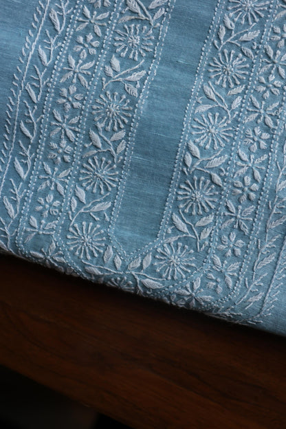 Powder Blue Linen Chikankari Unstitched Men's Kurtas Fabric