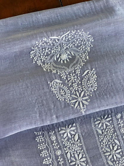 Powder Blue Linen Chikankari Unstitched Men's Kurtas Fabric