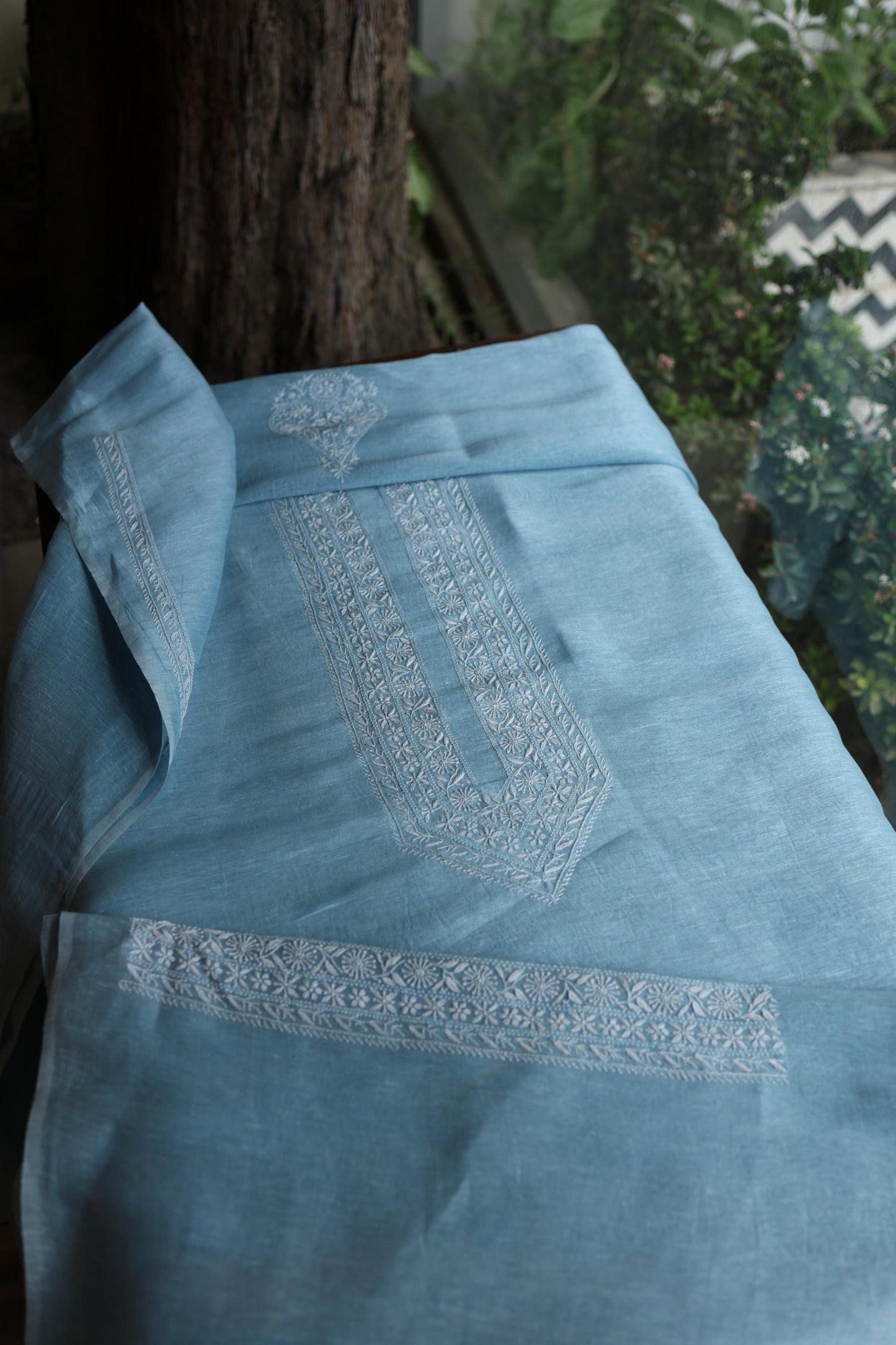 Powder Blue Linen Chikankari Unstitched Men's Kurtas Fabric