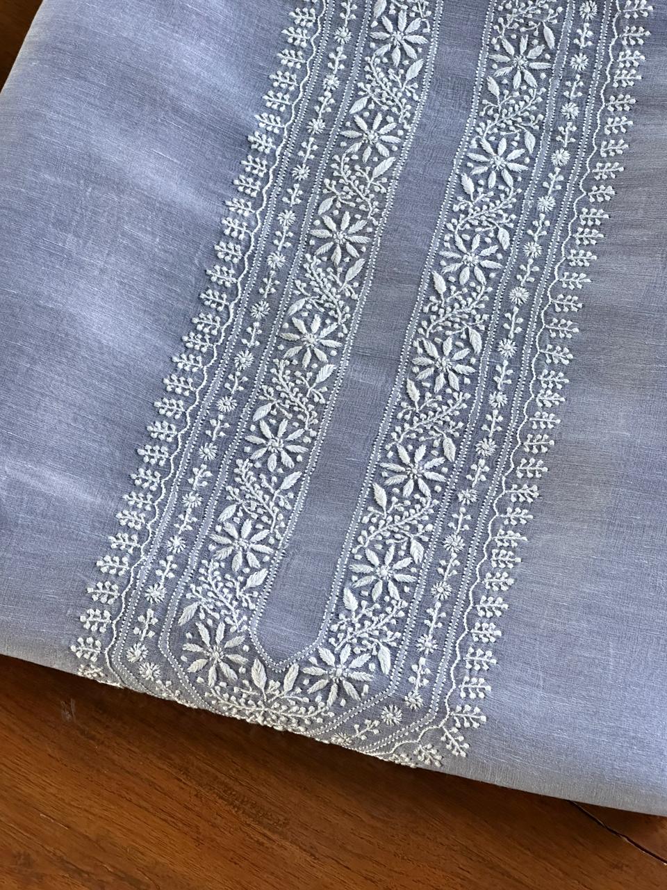 Powder Blue Linen Chikankari Unstitched Men's Kurtas Fabric