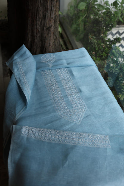 Powder Blue Linen Chikankari Unstitched Men's Kurtas Fabric