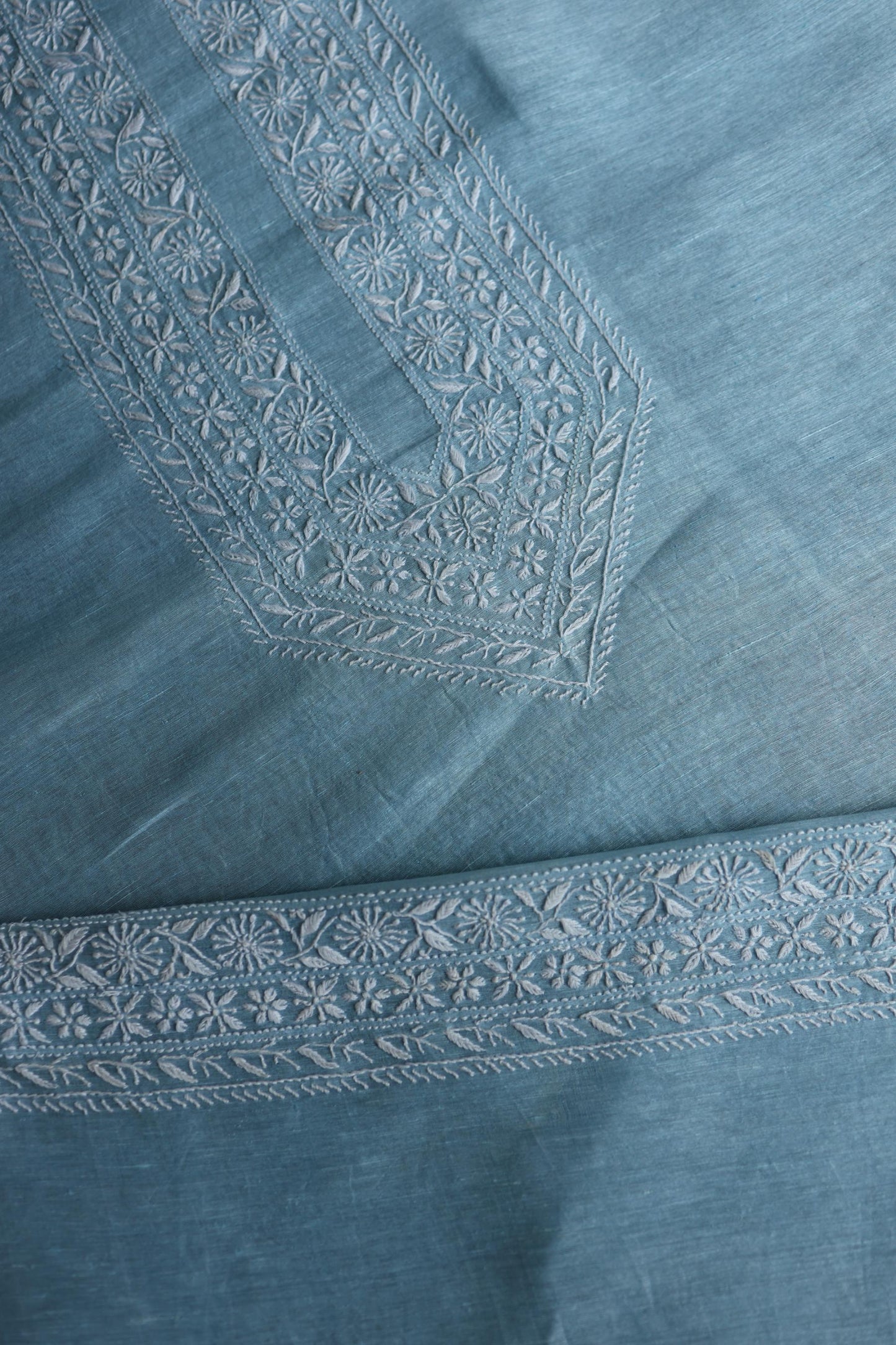 Powder Blue Linen Chikankari Unstitched Men's Kurtas Fabric