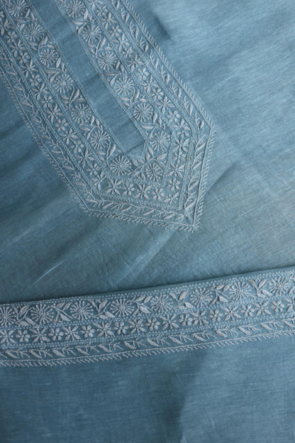 Powder Blue Linen Chikankari Unstitched Men's Kurtas Fabric