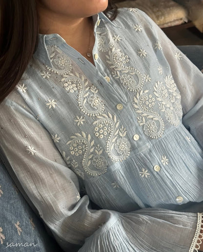 Powder Blue Mal chikankari Dress With Bell Sleeves