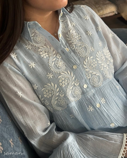 Powder Blue Mal chikankari Dress With Bell Sleeves
