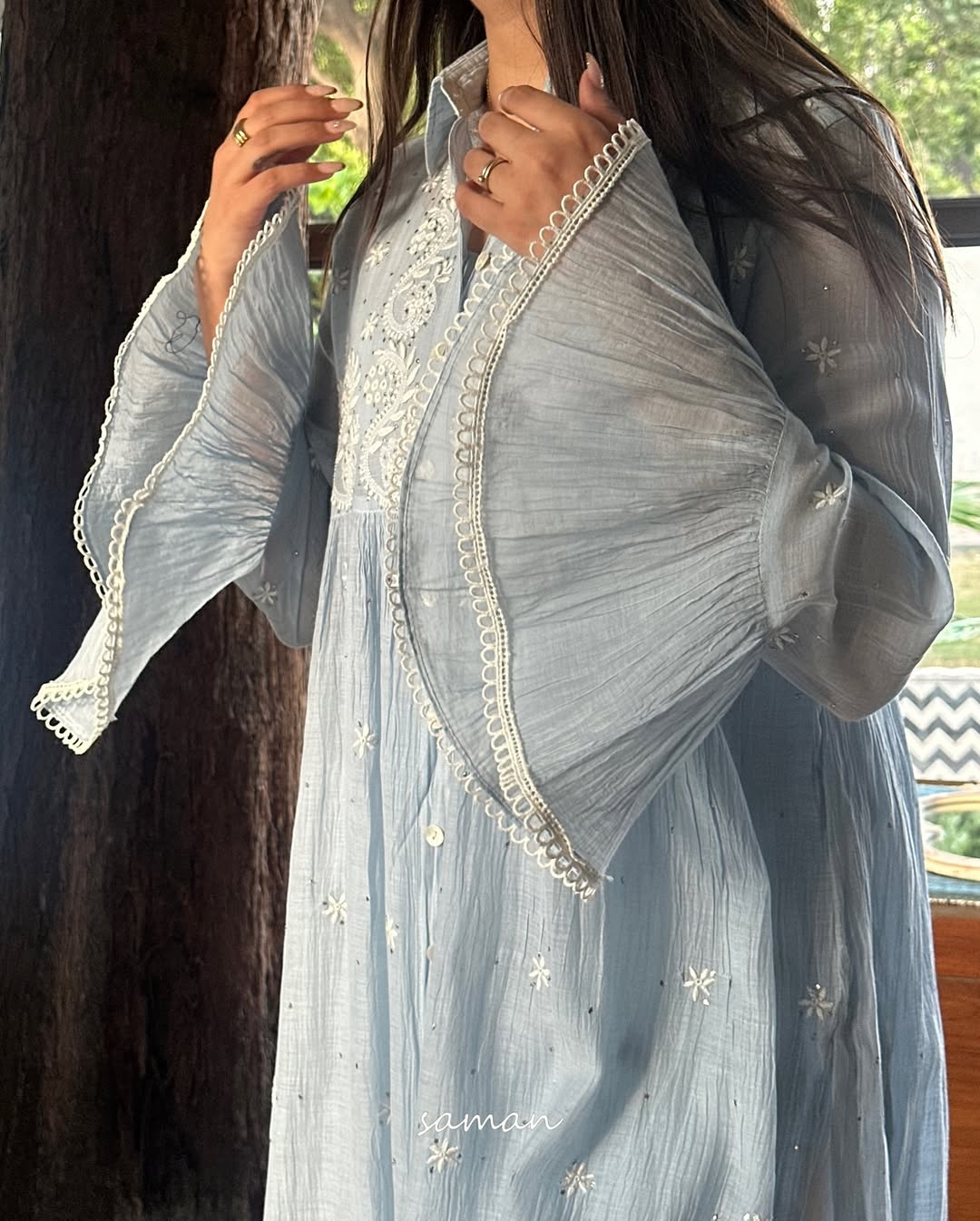 Powder Blue Mal chikankari Dress With Bell Sleeves