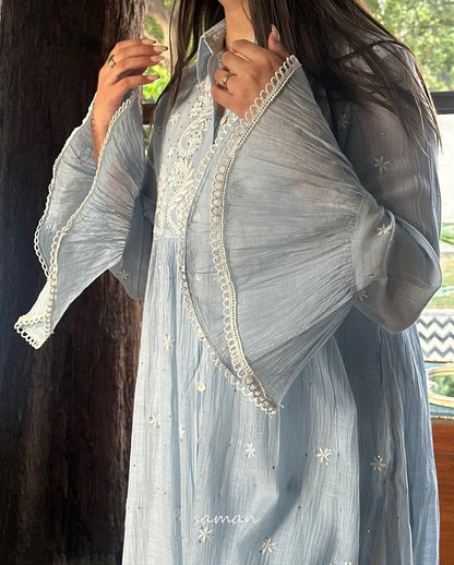 Powder Blue Mal chikankari Dress With Bell Sleeves